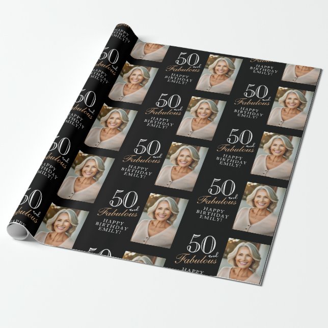 Papel De Regalo Elegante negro 50 y fabulosa foto de cumpleaños 50 (Desenrollado)