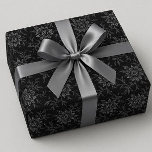 Papel De Regalo Elegante negro con damasco de plata