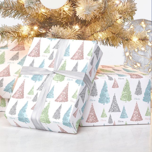 Papel De Regalo Elegante nombre de árbol de Navidad pastel (Elegant Pastel Christmas Tree Name Wrapping Paper)