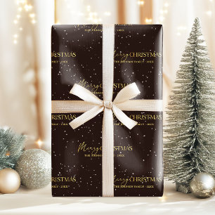 Papel De Regalo Elegante nombre de familia negra y dorada navideña