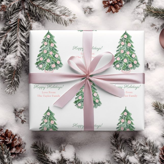 Papel De Regalo Elegante Nombre Familiar De Fiestas Felices Y De C (Christmas wrapping paper featuring tree decorated with pretty pink and white chinoiserie baubles)