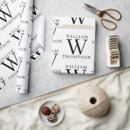 Papel De Regalo Elegante Nombre Monogramado Blanco y Negro