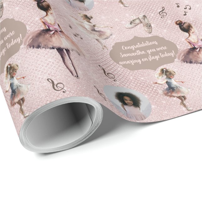 Papel De Regalo Elegante Nombre Plata Rosa Textos Ballet Foto Tutu (Esquina del rollo)