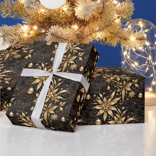 Papel De Regalo Elegante Ornamento Floral de Oro Negro de Navidad (Vacaciones)