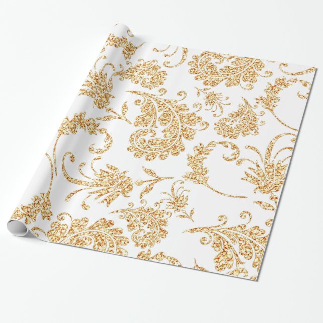 Papel De Regalo Elegante oro blanco floral (Desenrollado)
