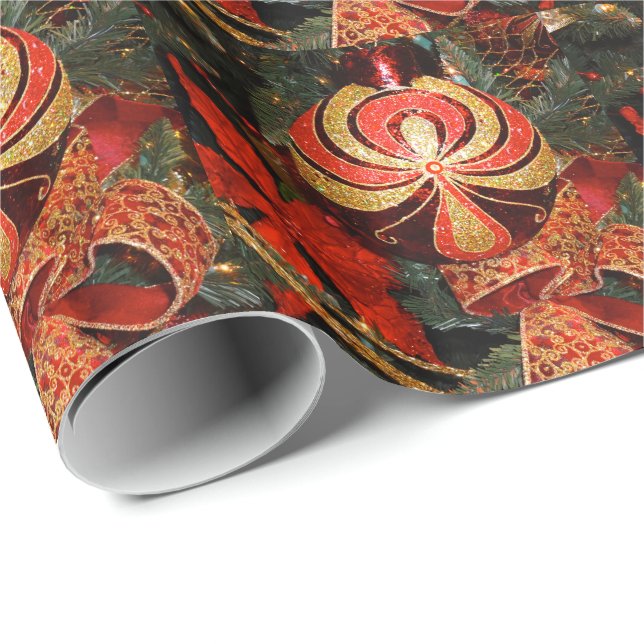 Papel De Regalo Elegante Oro Rojo Ornamento de Navidad Poinsettia (Esquina del rollo)