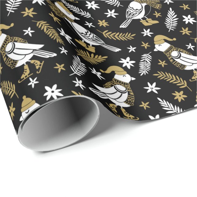 Papel De Regalo Elegante pájaro negro y dorado de bosque (Esquina del rollo)