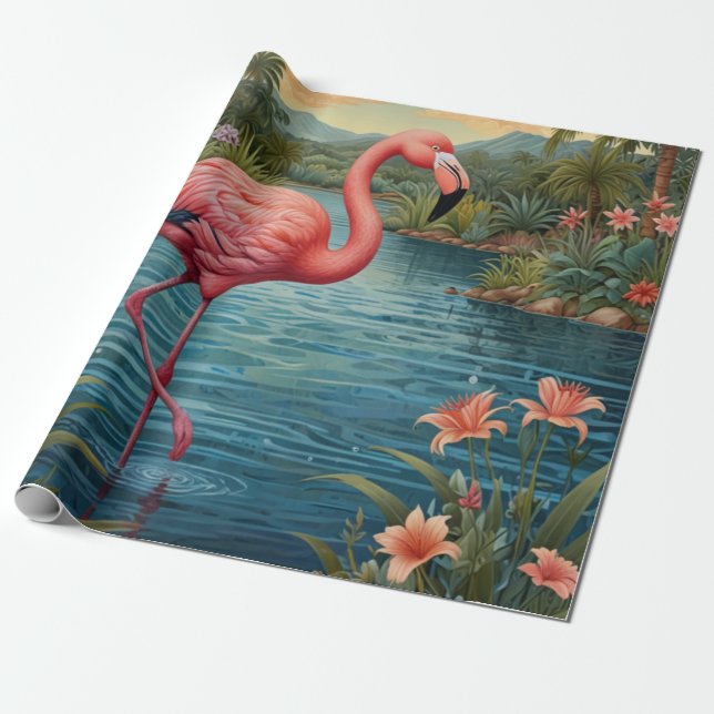 Papel De Regalo Elegante paraíso tropical flamingo rosa (Desenrollado)