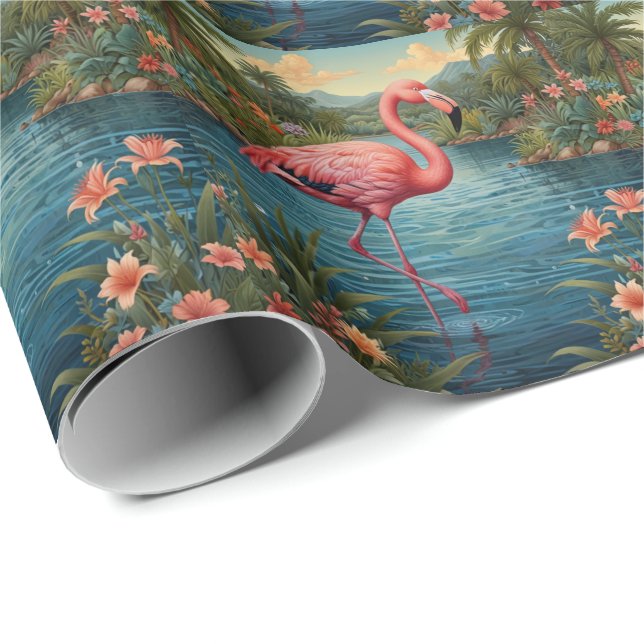 Papel De Regalo Elegante paraíso tropical flamingo rosa (Esquina del rollo)
