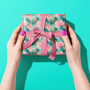 Papel De Regalo Elegante pastel floral rosa y azul Verde azulado