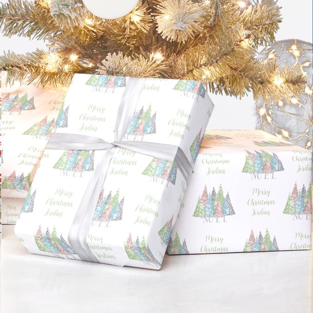 Papel De Regalo Elegante Pastel Navidades de nombre de árbol de Na (Elegant Pastel Glitter Christmas Tree Christmas Wrapping Paper)