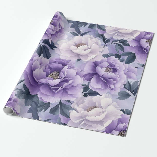 Papel De Regalo Elegante Pastel Purple Peony Diseño Floral (Desenrollado)