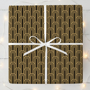 Papel De Regalo Elegante patrón Art Deco Arcos Negro Oro Chic