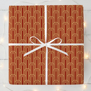 Papel De Regalo Elegante patrón Art Deco Arcos Rojo Dorado Chic