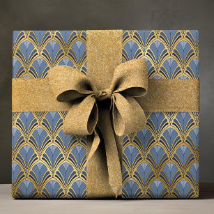Papel De Regalo Elegante patrón Art Decó de Oro Azul