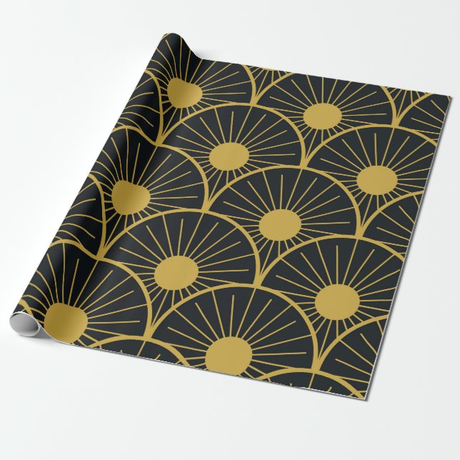 Papel De Regalo Elegante patrón Art Deco Gold Sun en negro (Desenrollado)