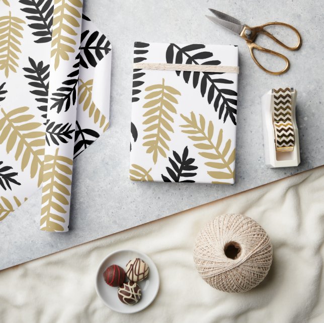 Papel De Regalo Elegante patrón botánico de hojas florales en blan (Artesanía)