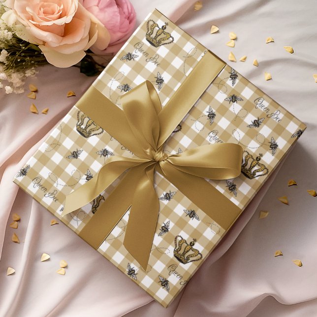 Papel De Regalo Elegante patrón de abeja reina real de Gingham (Elegant Gold Gingham Pattern with a Hand-Drawn Vintage Inspired Buzzing Queen Bee & her Royal Crown)