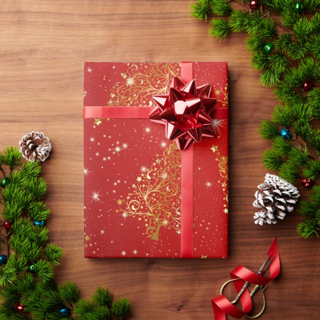 Papel De Regalo Elegante patrón de árbol de Navidad dorado (Regalo de vacaciones)