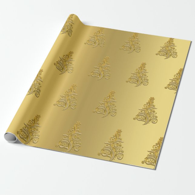Papel De Regalo Elegante patrón de árbol de Navidad dorado (Desenrollado)