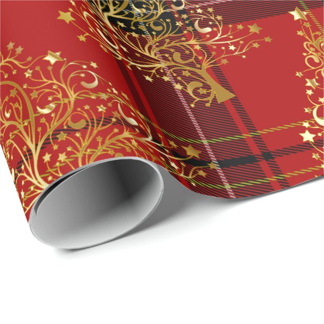 Papel De Regalo Elegante patrón de árbol de Navidad dorado y reves (Esquina del rollo)