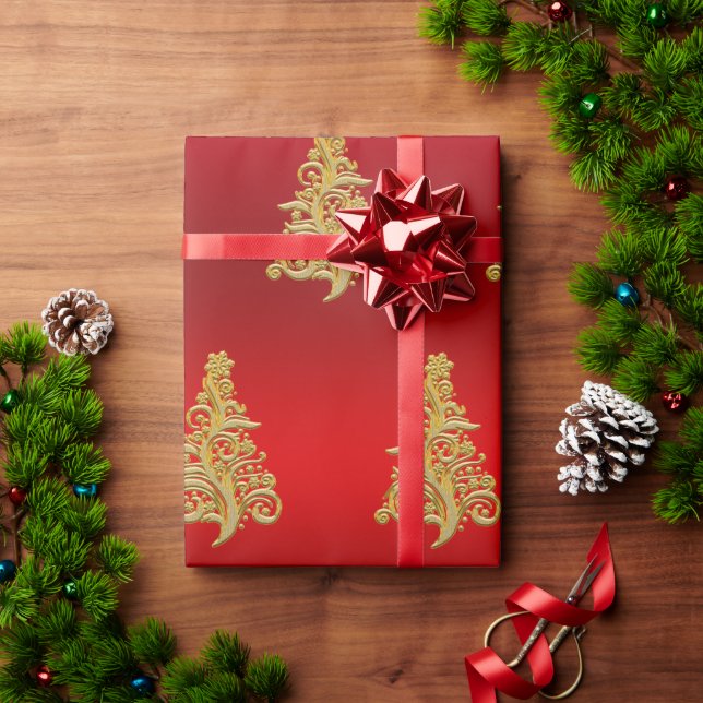 Papel De Regalo Elegante patrón de árbol de Navidad dorado y rojo (Regalo de vacaciones)