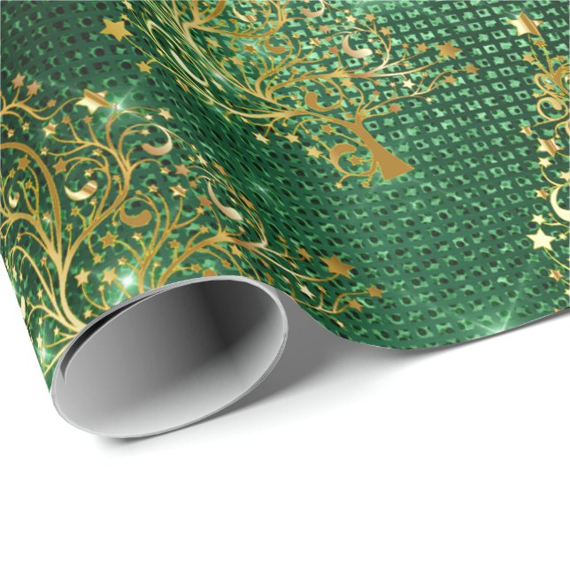 Papel De Regalo Elegante patrón de árbol de Navidad Purpurina verd (Esquina del rollo)