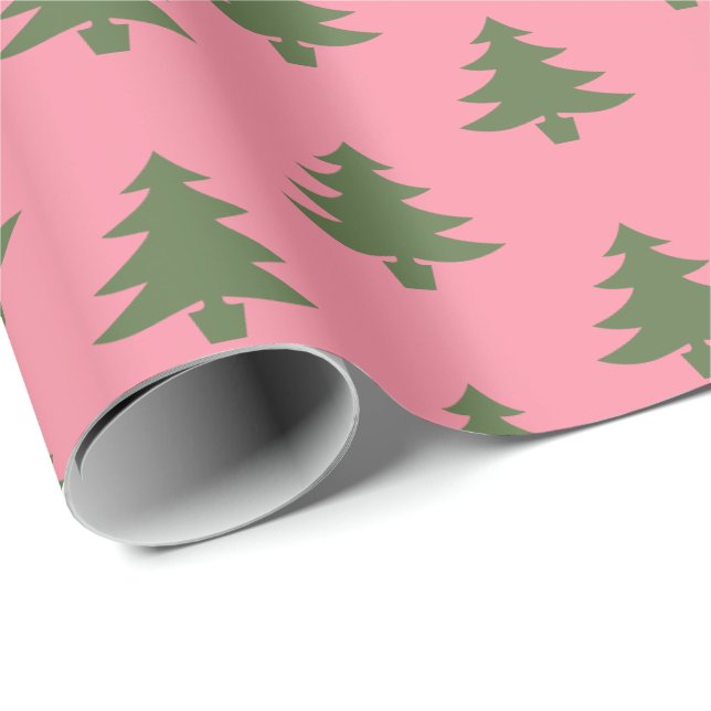 Papel De Regalo Elegante Patrón De Árbol De Navidad Rosa Y Verde (Esquina del rollo)