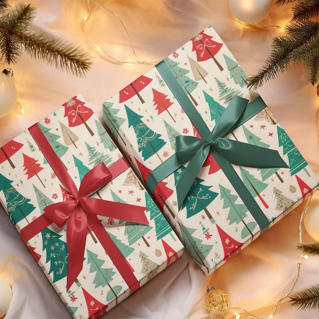 Papel De Regalo Elegante patrón de árbol de navidad verde rojo (Subido por el creador)