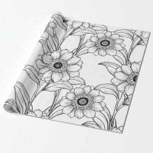Papel De Regalo Elegante patrón de arte de línea floral en blanco 