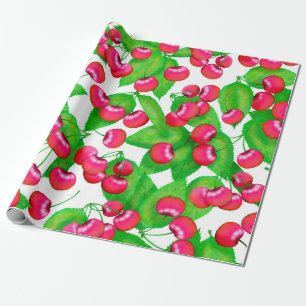 Papel De Regalo Elegante patrón de cerezas rojas y hojas verdes 
