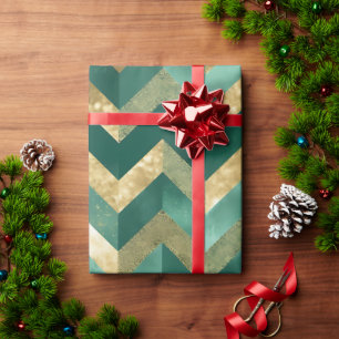 Papel De Regalo Elegante patrón de chevron dorado metálico verde