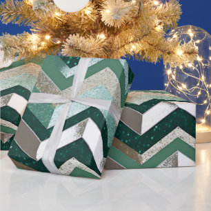 Papel De Regalo Elegante patrón de chevron metálico verde plateado