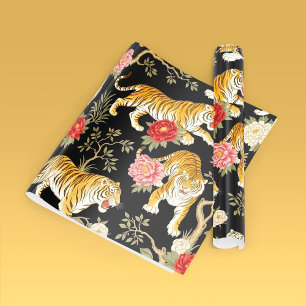 Papel De Regalo Elegante patrón de chinoiserie negro con tigre y p