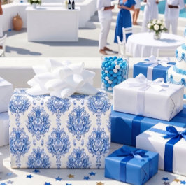Papel De Regalo Elegante patrón de damasco mediterráneo azul y bla