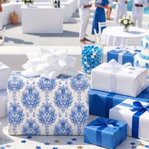Papel De Regalo Elegante patrón de damasco mediterráneo azul y bla
