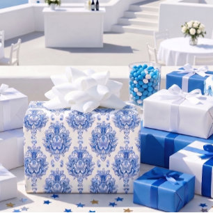 Papel De Regalo Elegante patrón de damasco mediterráneo azul y bla