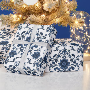 Papel De Regalo Elegante patrón de flor de damasco victoriano azul