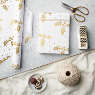 Papel De Regalo Elegante patrón de hoja de Navidad en blanco y oro