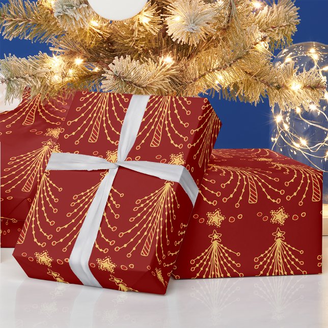 Papel De Regalo Elegante patrón de luces de árbol de navidad rojo  (Subido por el creador)