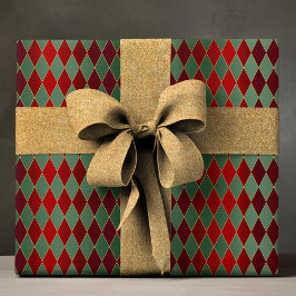 Papel De Regalo Elegante Patrón de Lujo Harlequin Rojo Verde