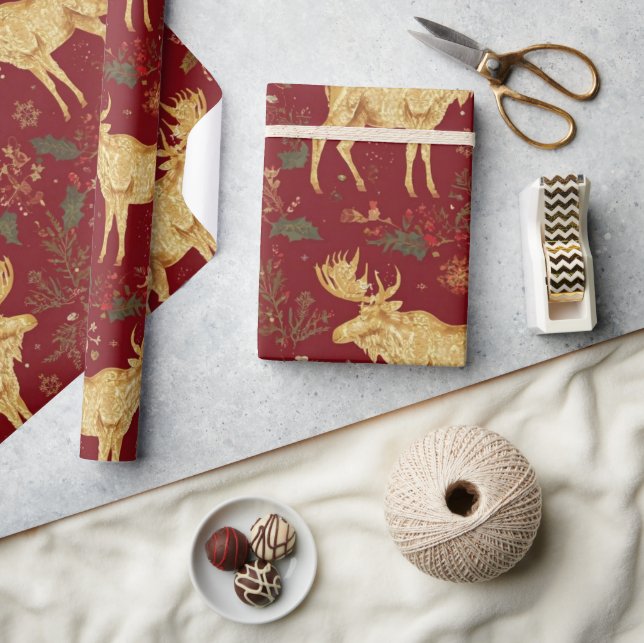 Papel De Regalo elegante patrón de navidad de reno rojo (Artesanía)
