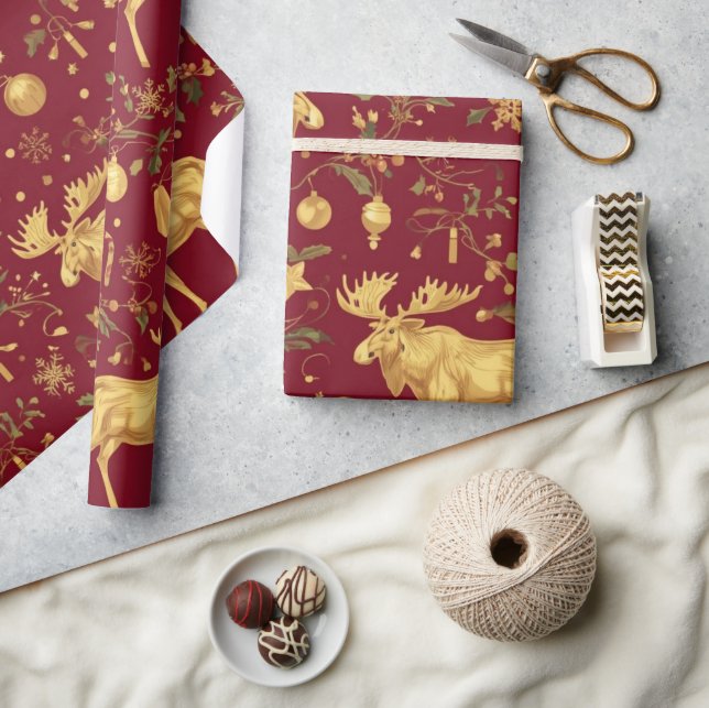 Papel De Regalo elegante patrón de navidad de reno rojo (Artesanía)