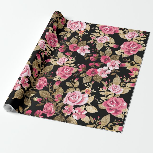Papel De Regalo Elegante patrón de oro floral primaveral (Desenrollado)