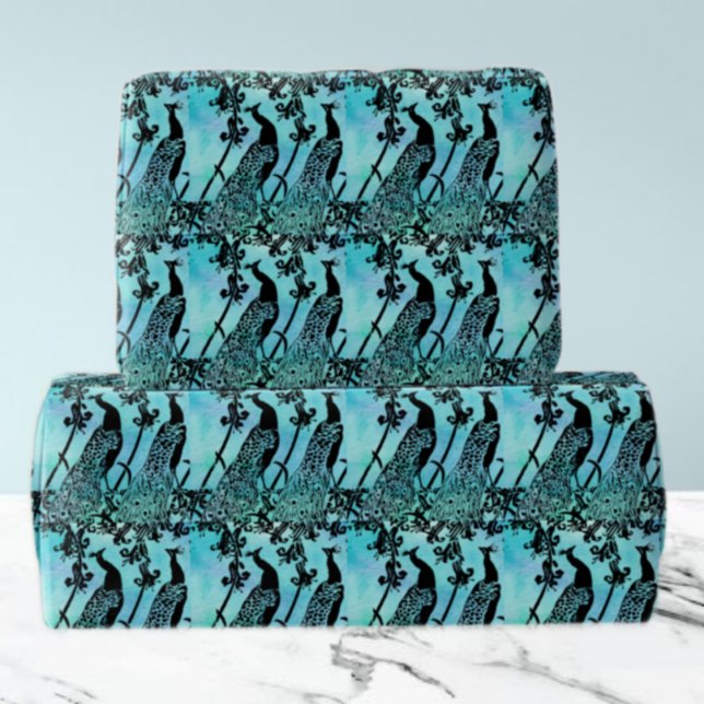 Papel De Regalo Elegante patrón de pavo real Verde azulado y negro (Subido por el creador)