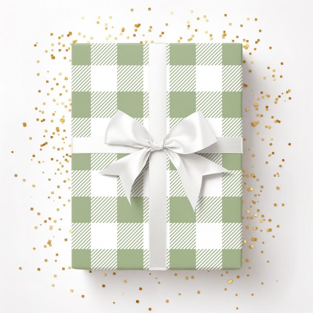 Papel De Regalo Elegante Patrón De Plantas Verdes Sage (Sage Green White Plaid Pattern Wrapping Paper)