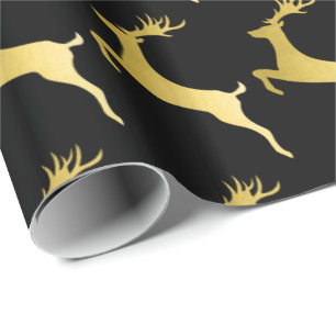 Papel De Regalo Elegante patrón de renos de Navidades negros dora