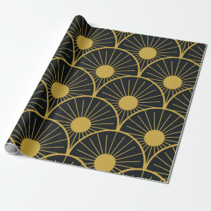 Papel De Regalo Elegante patrón de sol Art Deco en oro sobre negro
