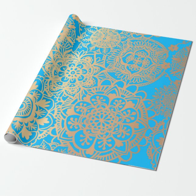 Papel De Regalo Elegante patrón dorado azul claro (Desenrollado)