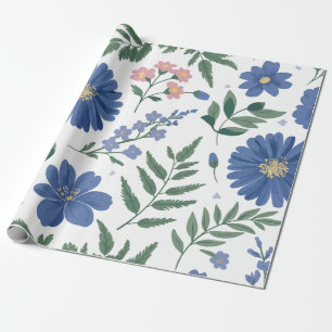 Papel De Regalo Elegante patrón floral azul con vegetación fresca